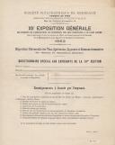Questionnaire spécial aux exposants de la IIIme Section XII.e Exposition générale des Produits de l’Agriculture, de l’Industrie, des Arts industriels et de l’Art ancien